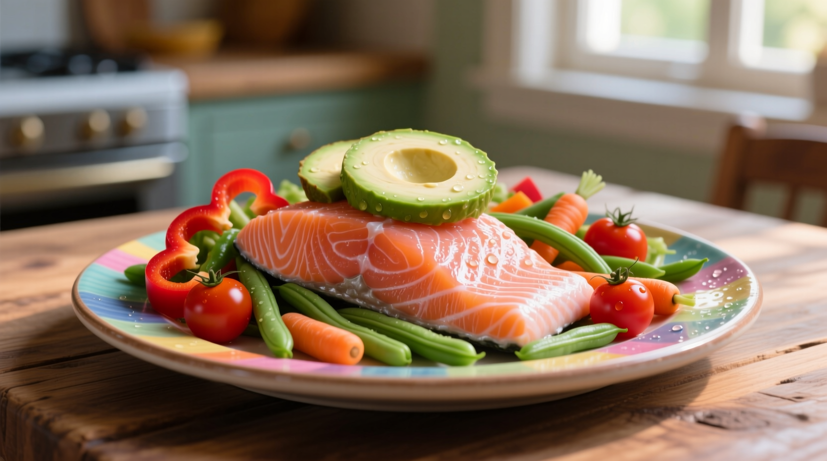 Colorful plate with salmon, avocado, and mixed vegetables
