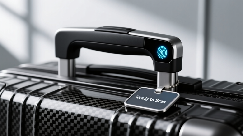 Close-up of a carbon fiber smart suitcase handle featuring an integrated biometric fingerprint scanner and e-ink luggage tag display
