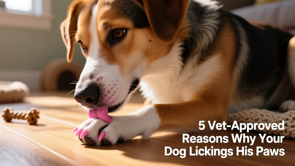 Close-up of a dog gently licking its front paw, showing healthy pink skin and clean nails
