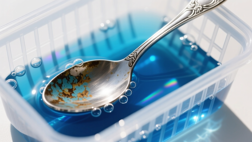 Close-up of tarnished sterling silver spoon dipped into a plastic basket inside Weiman silver jewelry cleaner liquid.