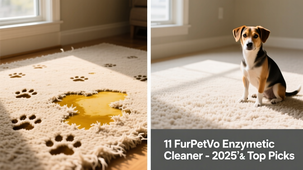 Side-by-side comparison showing stained carpet before treatment and fully restored carpet after using FurPetVo enzymatic cleaner