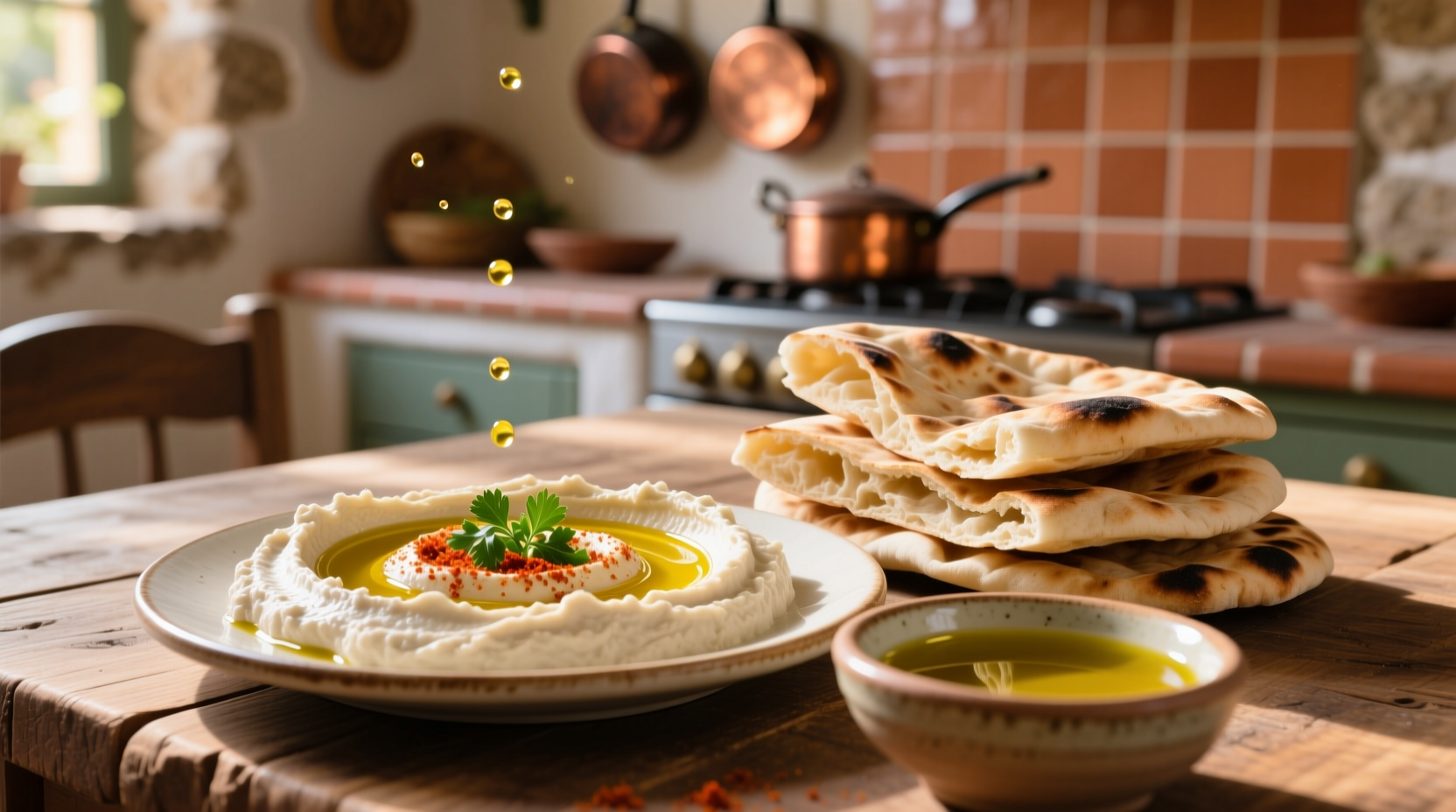 Traditional hummus served with pita bread and olive oil