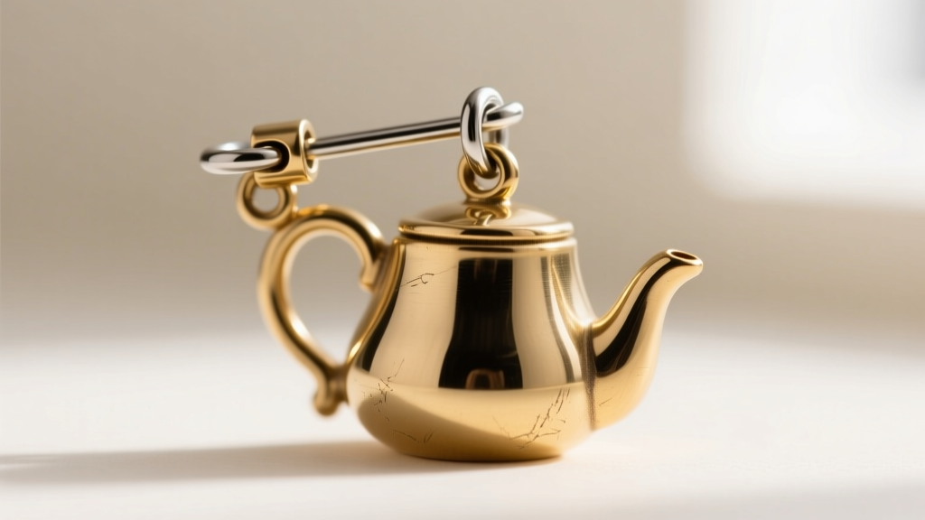 Macro shot of a 20-gauge titanium leverback ear wire attached to a brass teapot charm, highlighting the secure clasp mechanism.