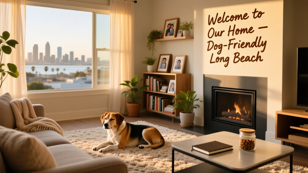 A cozy, sunlit living room with a dog resting on a soft rug, suggesting a peaceful pet-sitting or house-sitting arrangement in Long Beach