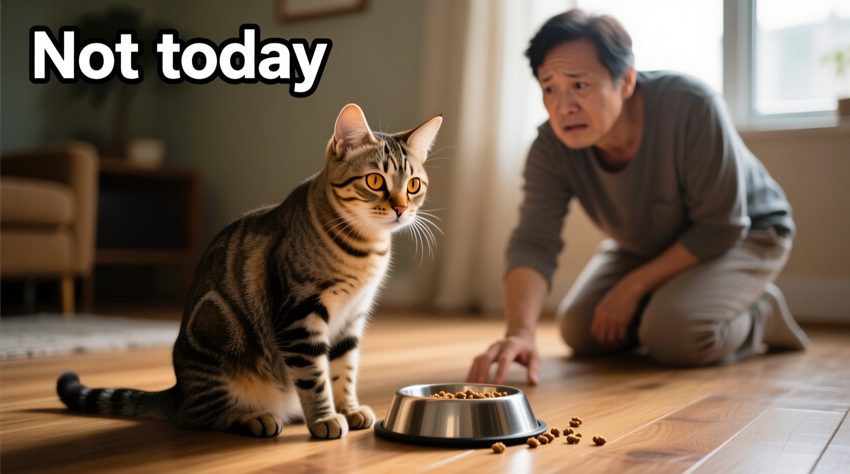 Cat refusing food bowl with concerned owner
