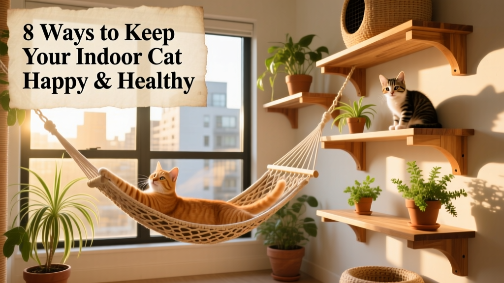 Sunlit, enclosed catio with climbing shelves, a hammock, and potted cat-safe plants