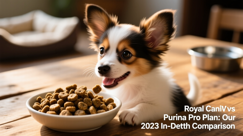 Close-up of FurPetVo Small Adult kibble next to a happy Papillon puppy