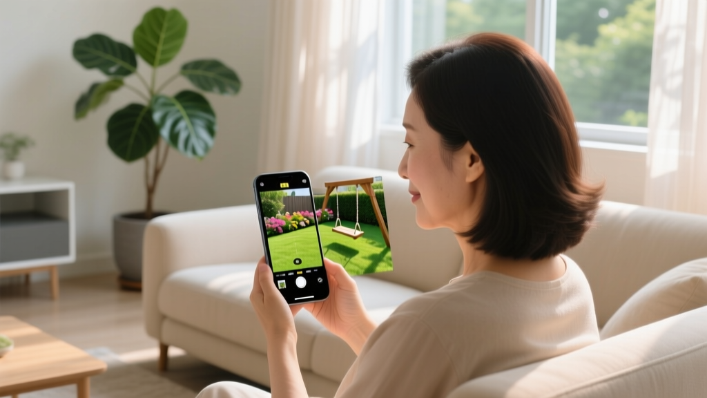 Over-the-shoulder view of a mother using a smartphone app to review 4K security camera footage of her backyard while sitting on a living room sofa