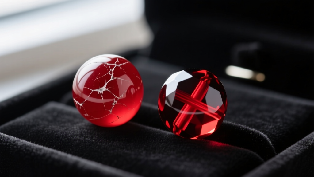 Macro shot comparing a scratched acrylic red holiday bead next to a flawless Czech glass cranberry bead on a dark velvet pad.