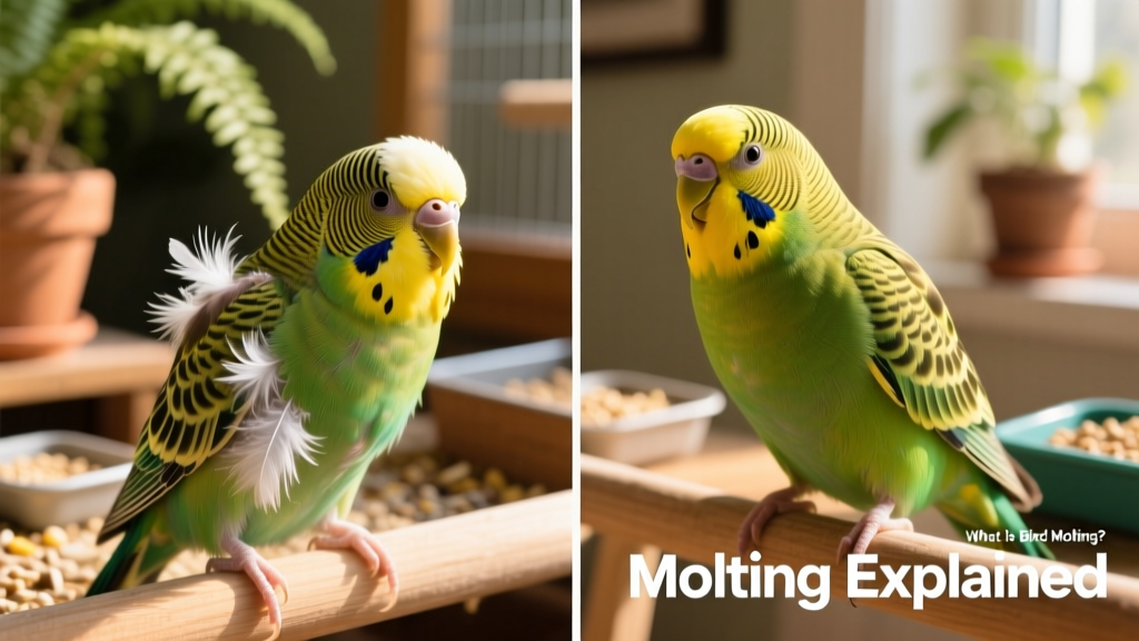Side-by-side comparison: a healthy molting budgie with visible pin feathers, next to a non-molting bird with smooth, even plumage