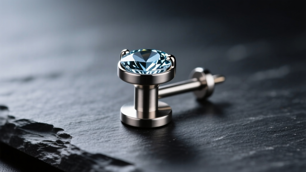 Macro shot of a 16-gauge titanium flat back labret with a 6mm post and sapphire top on dark slate under soft lighting.