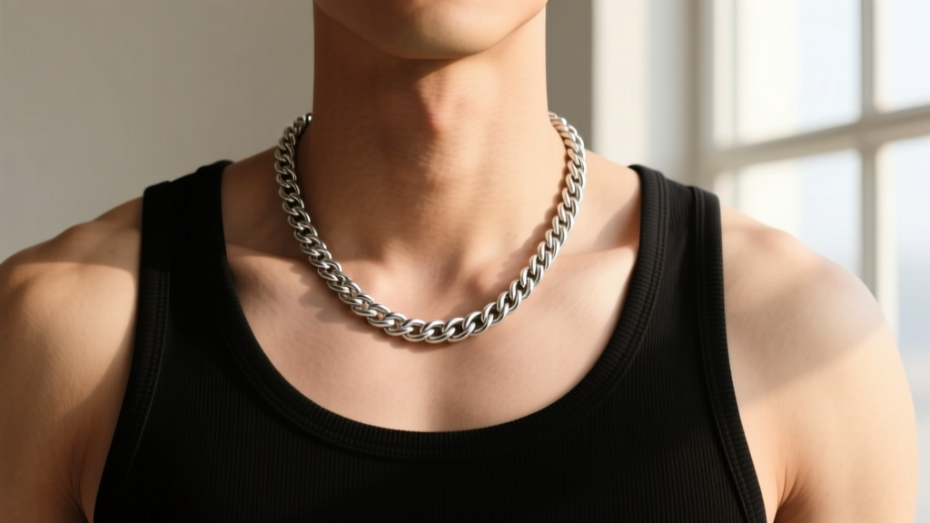 Technical photo showing a 22-inch 18-gauge sterling silver rope chain resting exactly on the upper sternum of a male model