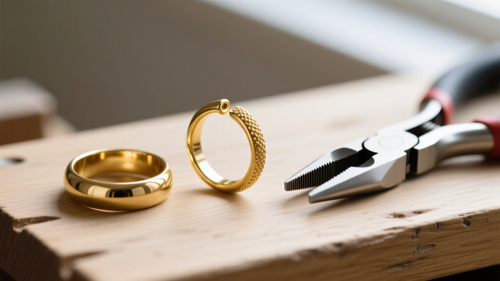 Macro shot of 18-gauge soldered gold jump rings next to a standard split ring, with flat-nose jewelry pliers on a wood bench.