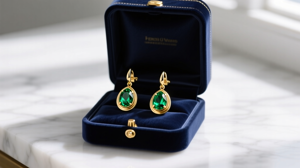 Open navy velvet box revealing 18k gold peridot drop earrings catching soft window light on white marble, macro jewelry photography