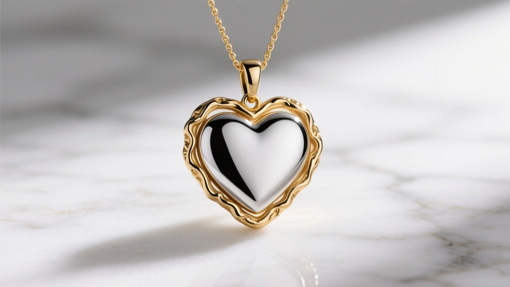 Two-tone Judith Ripka heart pendant featuring 18k gold bark borders around a polished sterling silver center on white marble.