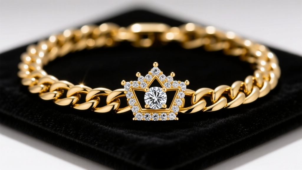 Close-up of a 14k yellow gold Cuban link chain with a custom diamond-encrusted crown pendant resting on a dark velvet display pad