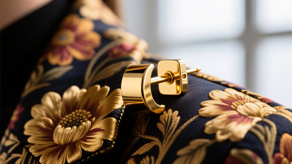 Macro shot of a 14k solid gold earring post and backing securing a heavy floral jacket, highlighting metal thickness and fit.
