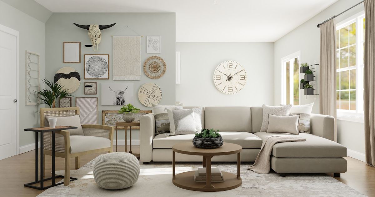 Modern living room with warm lighting, natural wood furniture, and curated decor pieces