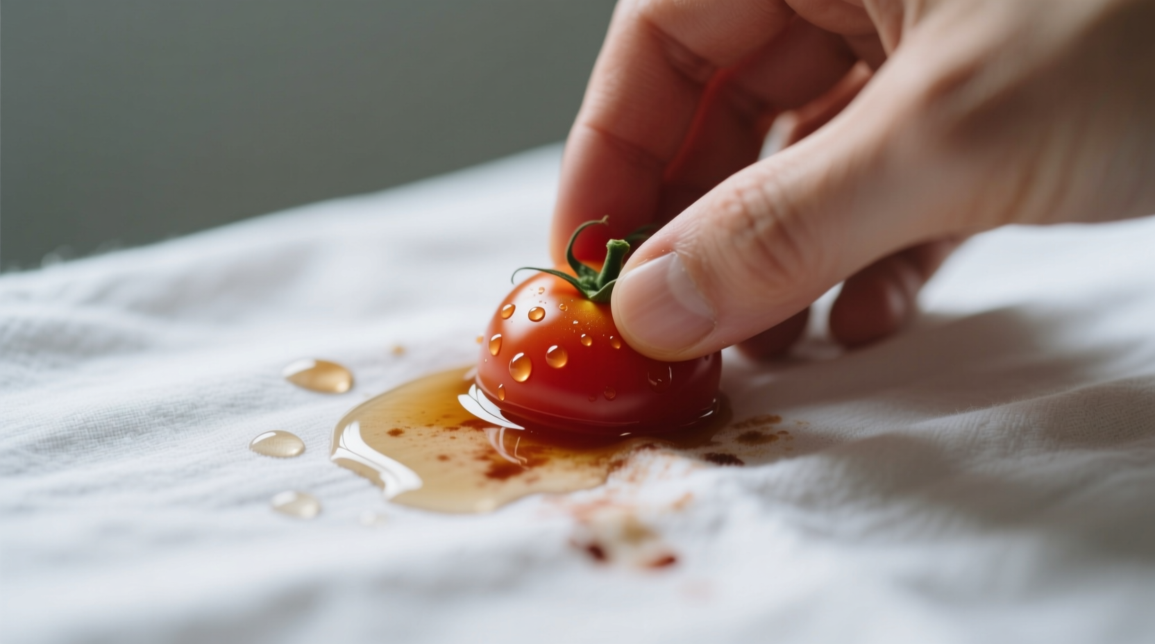 Hand applying vinegar solution to tomato stain on white fabric
