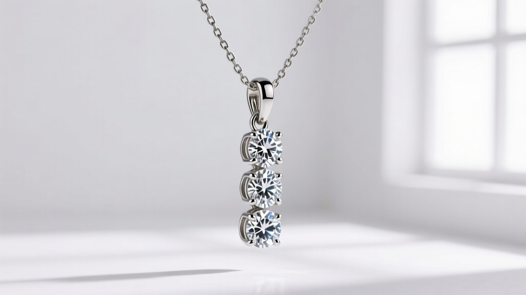 Side profile of a three-stone diamond pendant on a 1.2mm box chain, highlighting the secure lobster clasp and bail, studio lit.