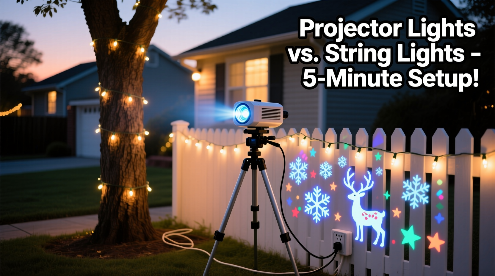 how to use projector lights instead of strings for fast yard holiday decoration