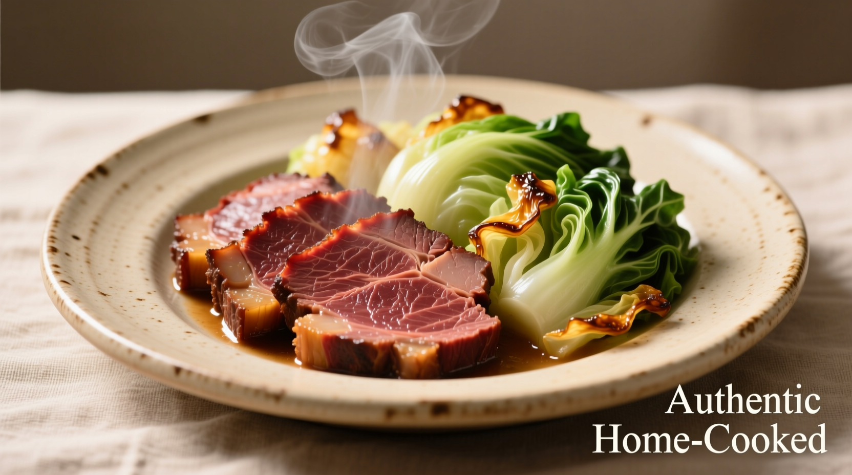 Perfectly cooked corned beef and cabbage on ceramic plate