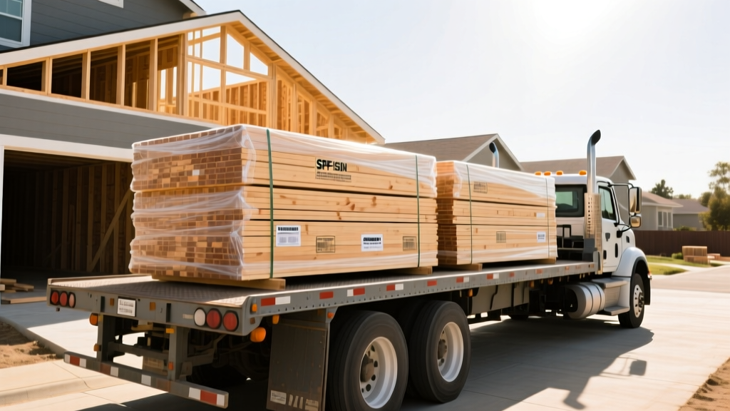 Flatbed truck delivering stacked bundles of SPF framing lumber and engineered I-joists to a residential construction site in Stanton, California