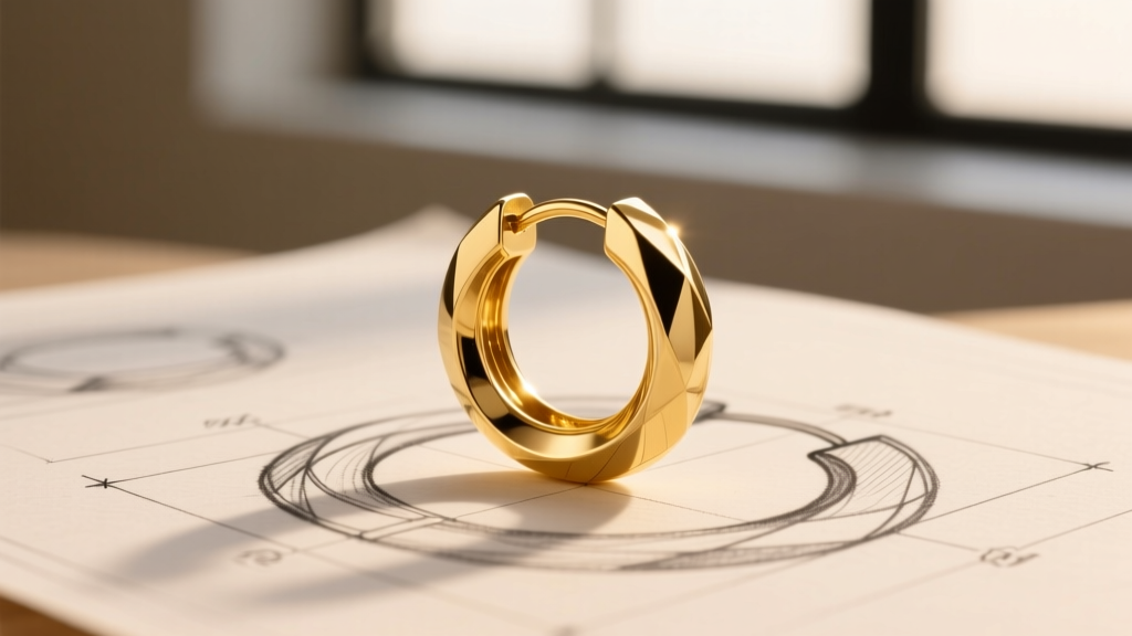 Macro shot of a finished 14k yellow gold huggie hoop earring resting directly on its original hand-sketched design blueprint.