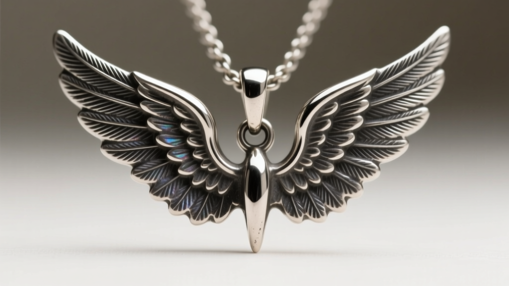 Macro shot of an antiqued silver angel wing pendant, emphasizing dark oxidation in feather crevices to enhance depth and contrast.