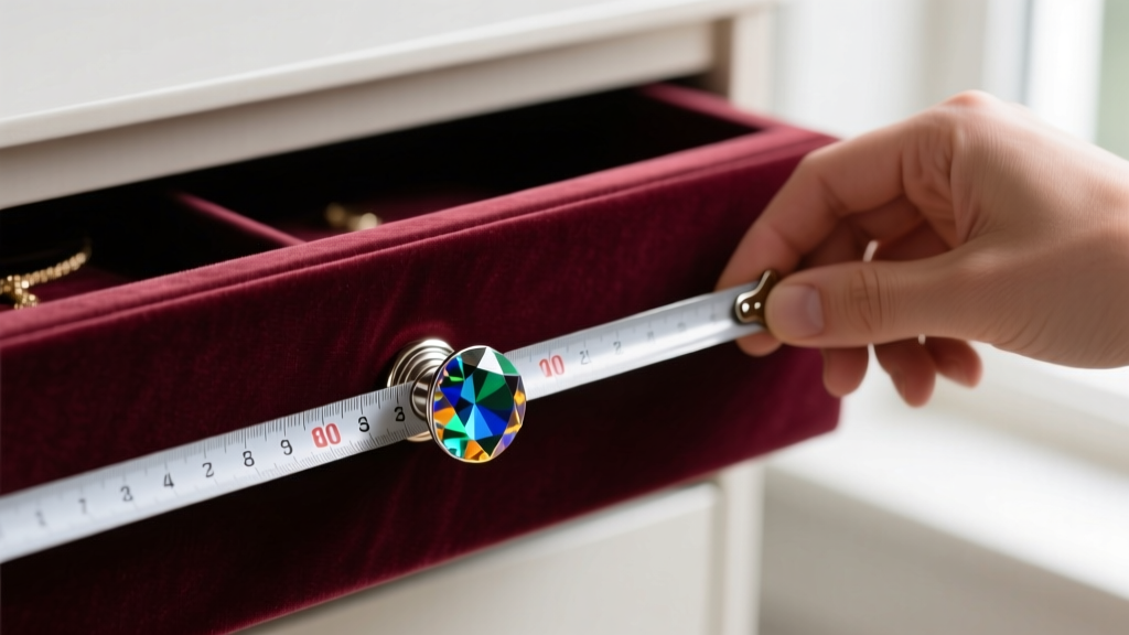 Hands measuring center-to-center distance of a crystal knob on a velvet-lined jewelry drawer using a precision steel tape measure.