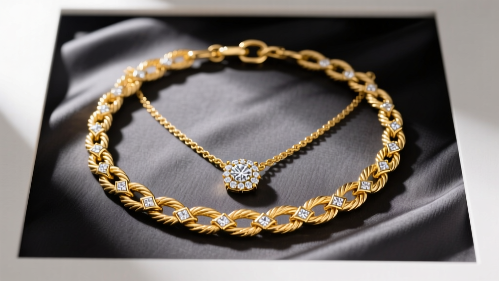 Flat lay of a 14k yellow gold diamond-cut rope sparkle chain necklace layered with a pavé pendant on silk.