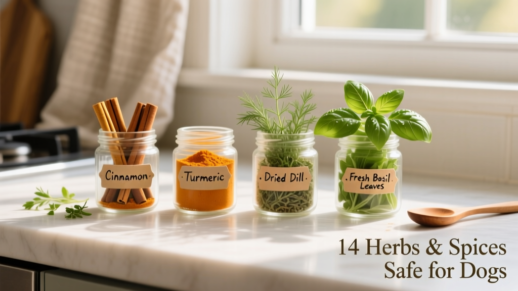 A clean kitchen counter showing small jars of safe dog seasonings: cinnamon, turmeric, dried dill, and fresh basil leaves
