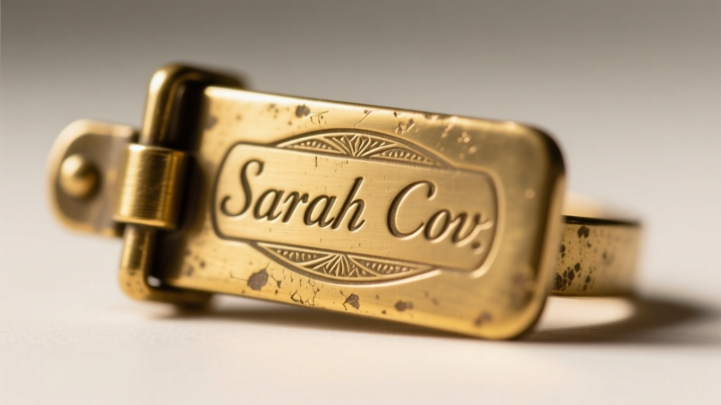 Macro photography of a brass hallmark stamped Sarah Cov on the back of a vintage fold-over clasp, highly detailed.
