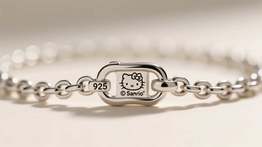 Macro shot of a jewelry clasp showing a 925 silver hallmark and Sanrio copyright engraving on a delicate rolo chain.