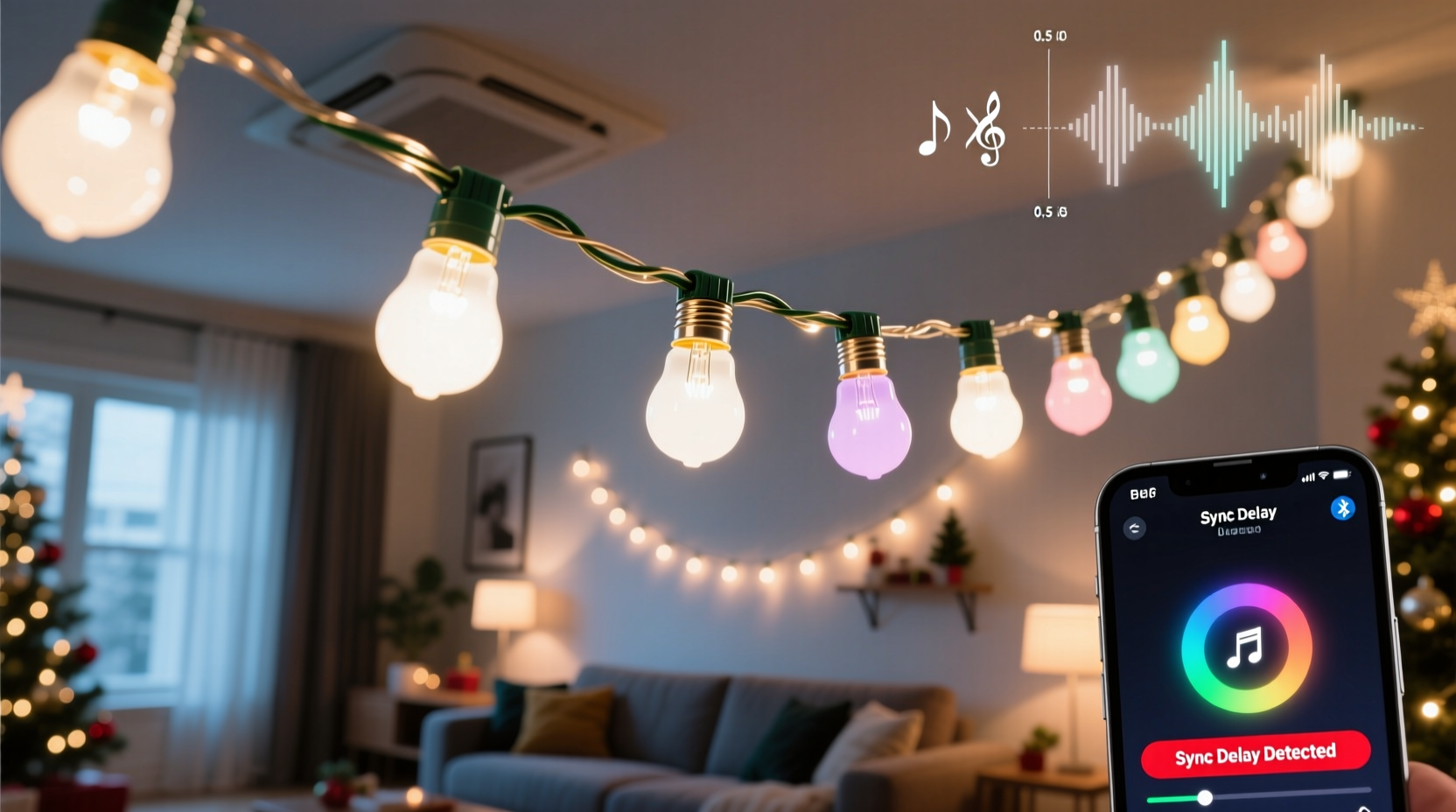 why does my smart bulb christmas string lag behind music beats