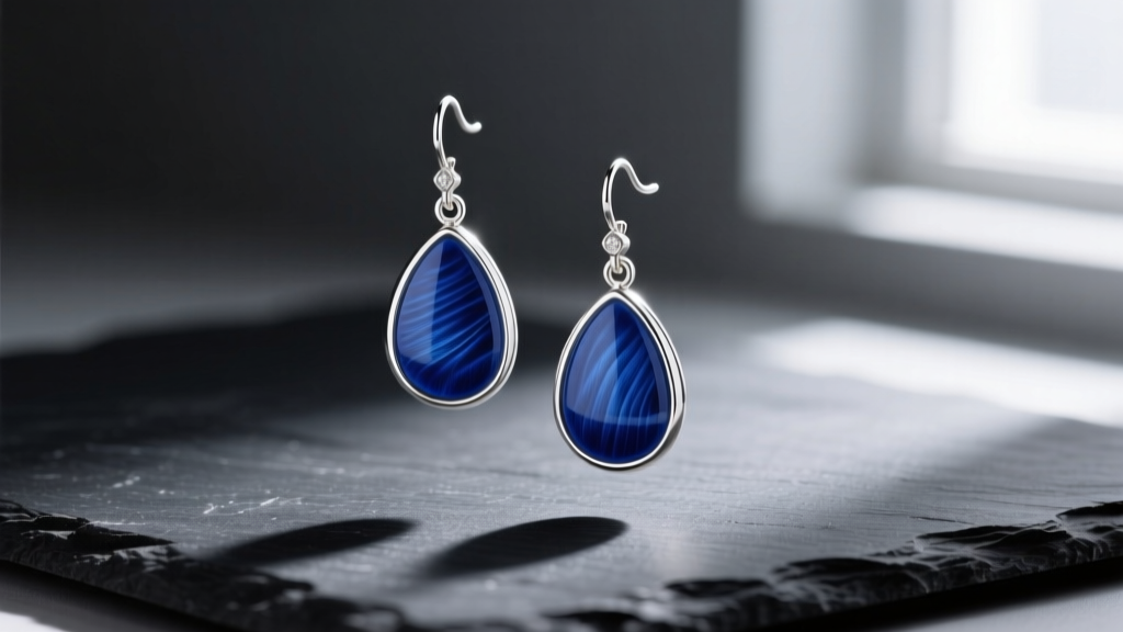 Macro shot of Sheila sterling silver and blue vitreous enamel drop earrings on dark slate under soft natural light