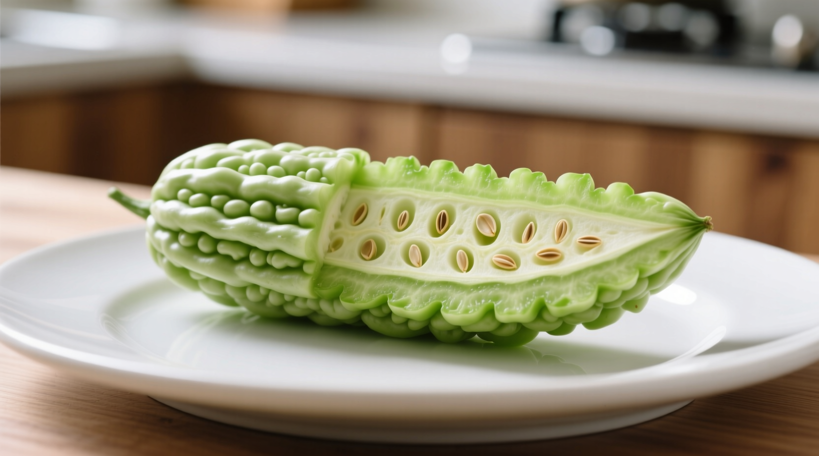 Sliced bitter melon showing distinctive ridged exterior