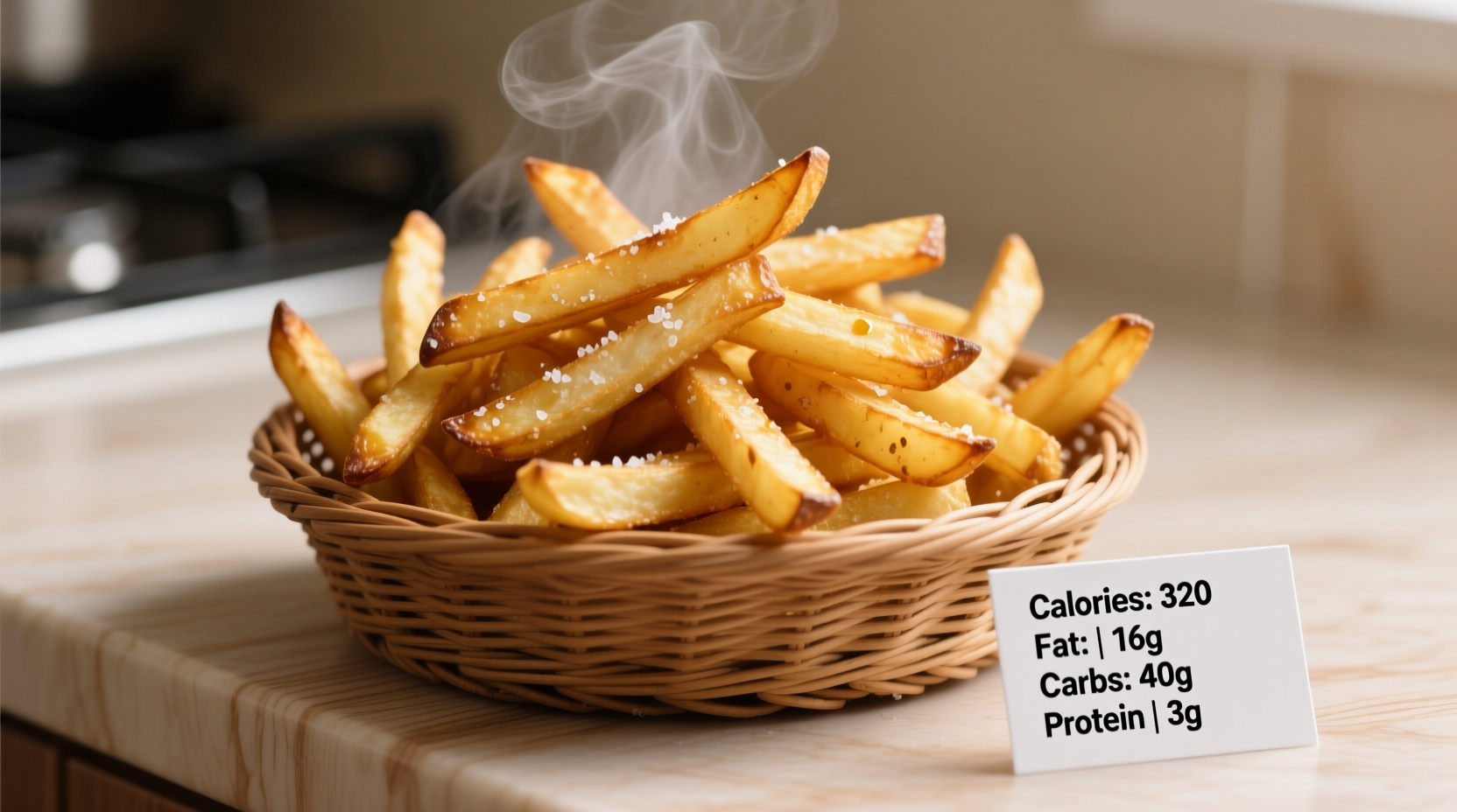 Freshly cooked potato fries in a basket with nutritional information