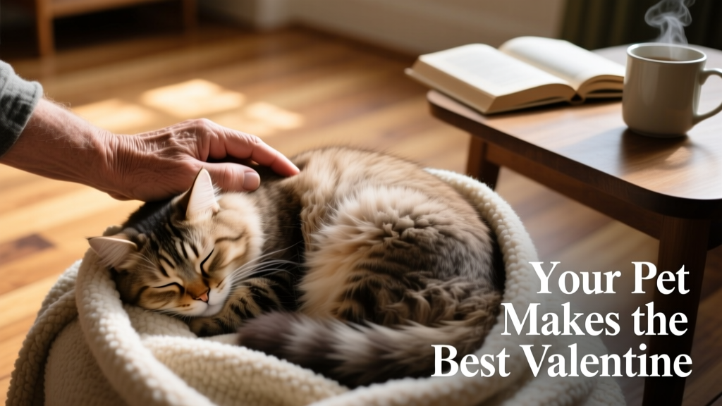 A cozy scene of a cat curled up asleep on a soft blanket next to a human hand gently stroking its back