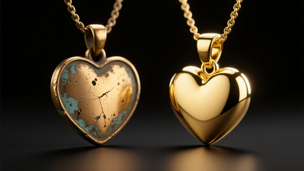 Macro shot of a tarnished brass gold-plated pendant next to a pristine 18k solid gold love pendant under bright studio lighting.