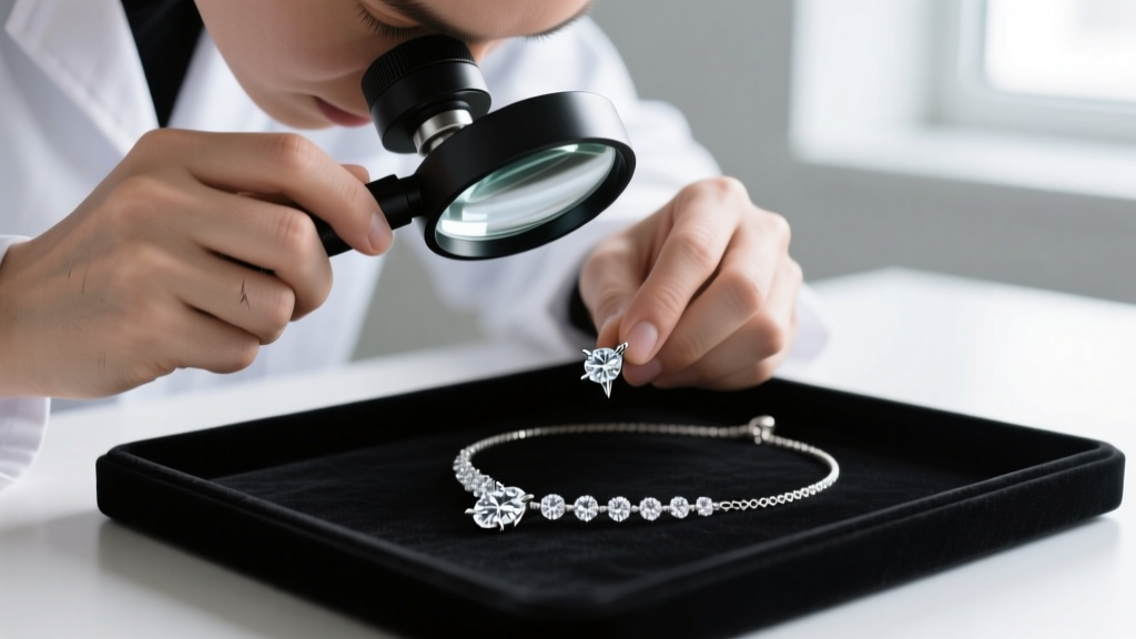 Jeweler using a 10x loupe to inspect thin cast prongs on a simulated diamond necklace, checking for loose stones and metal wear.