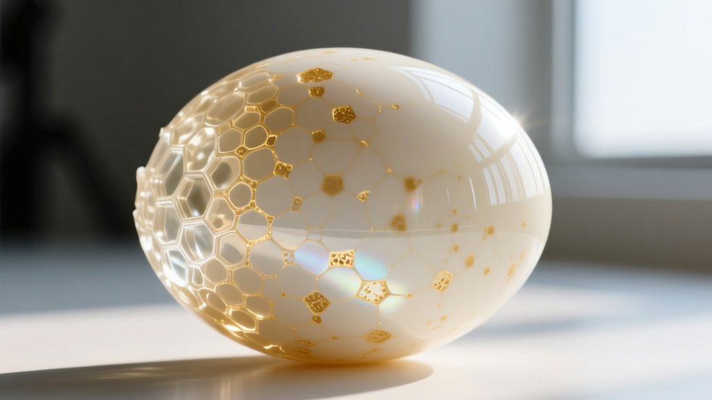Close-up of stabilized ostrich eggshell showing porous texture sealed under a high gloss, crystal clear epoxy resin finish coating