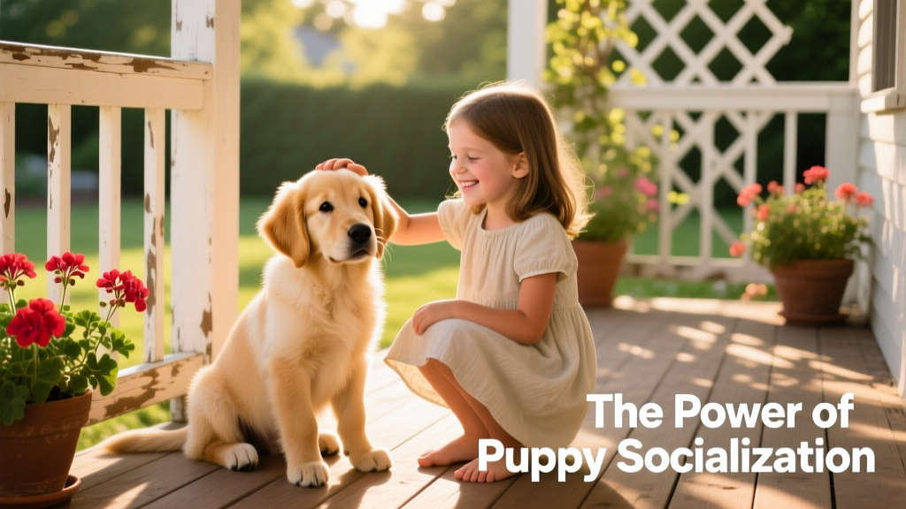 A calm, curious puppy sitting beside a smiling child on a sunlit porch