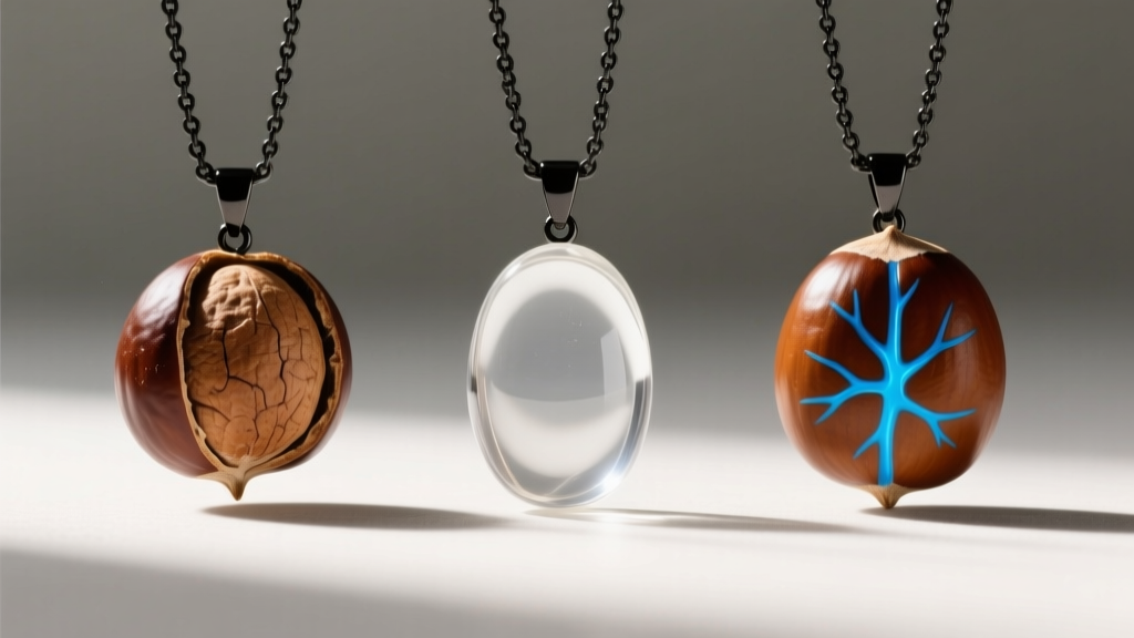 Three buckeye pendants side-by-side: a raw nut, a clear resin piece, and a stabilized nut showing bright blue resin vein accents.