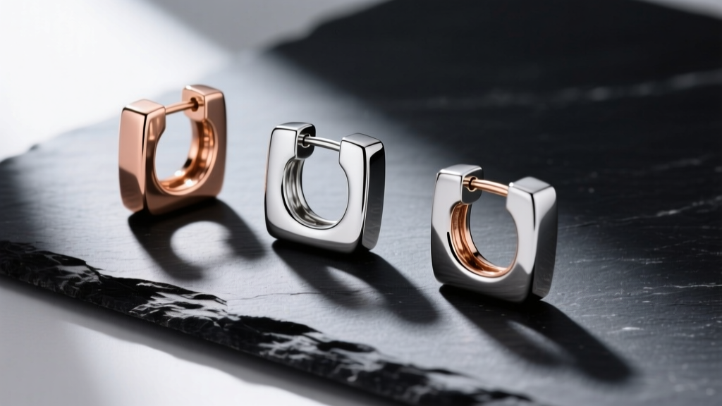 Flat lay of three square huggie earrings in rose gold, platinum, and titanium, arranged on dark slate to contrast the metal tones.