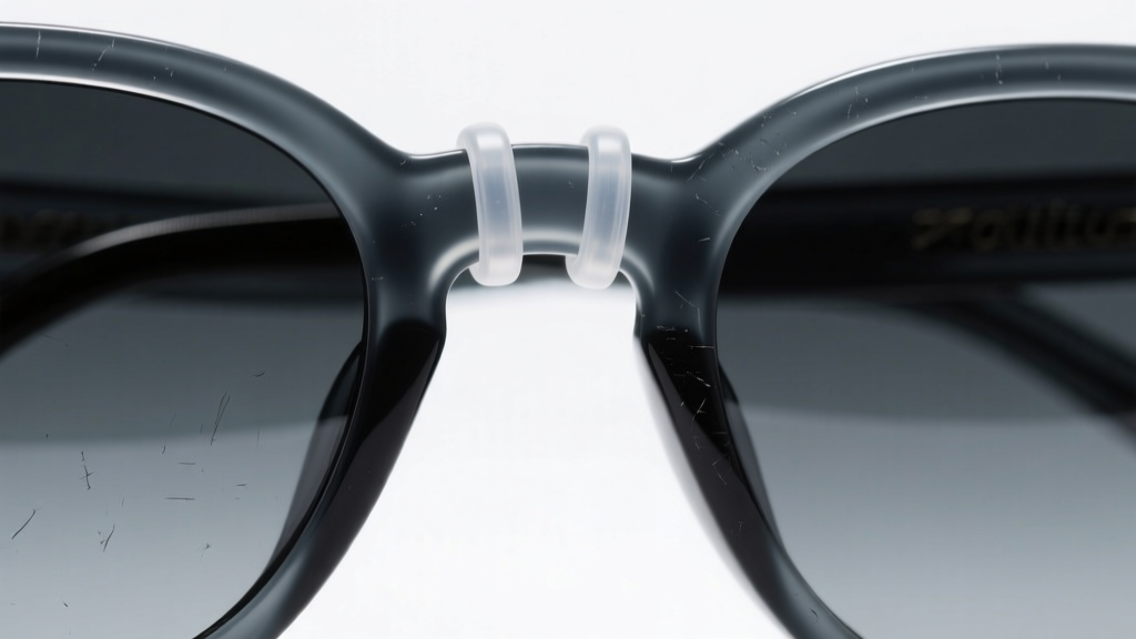 Macro shot of clear silicone eyeglass loop gripping the thick acetate temple arm of dark aviator sunglasses in bright daylight.
