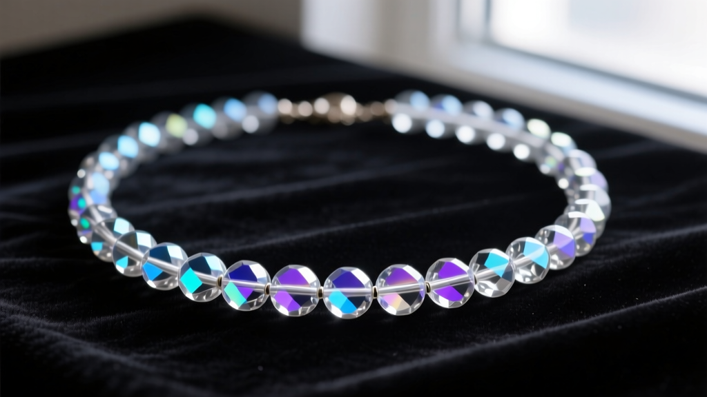 Flat lay of a vintage crystal bead necklace with 8mm aurora borealis Czech glass beads on black velvet under soft natural light