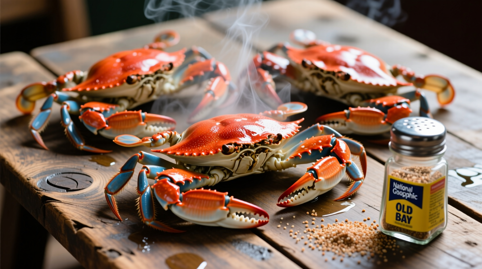 Freshly boiled blue crabs on wooden table with Old Bay seasoning