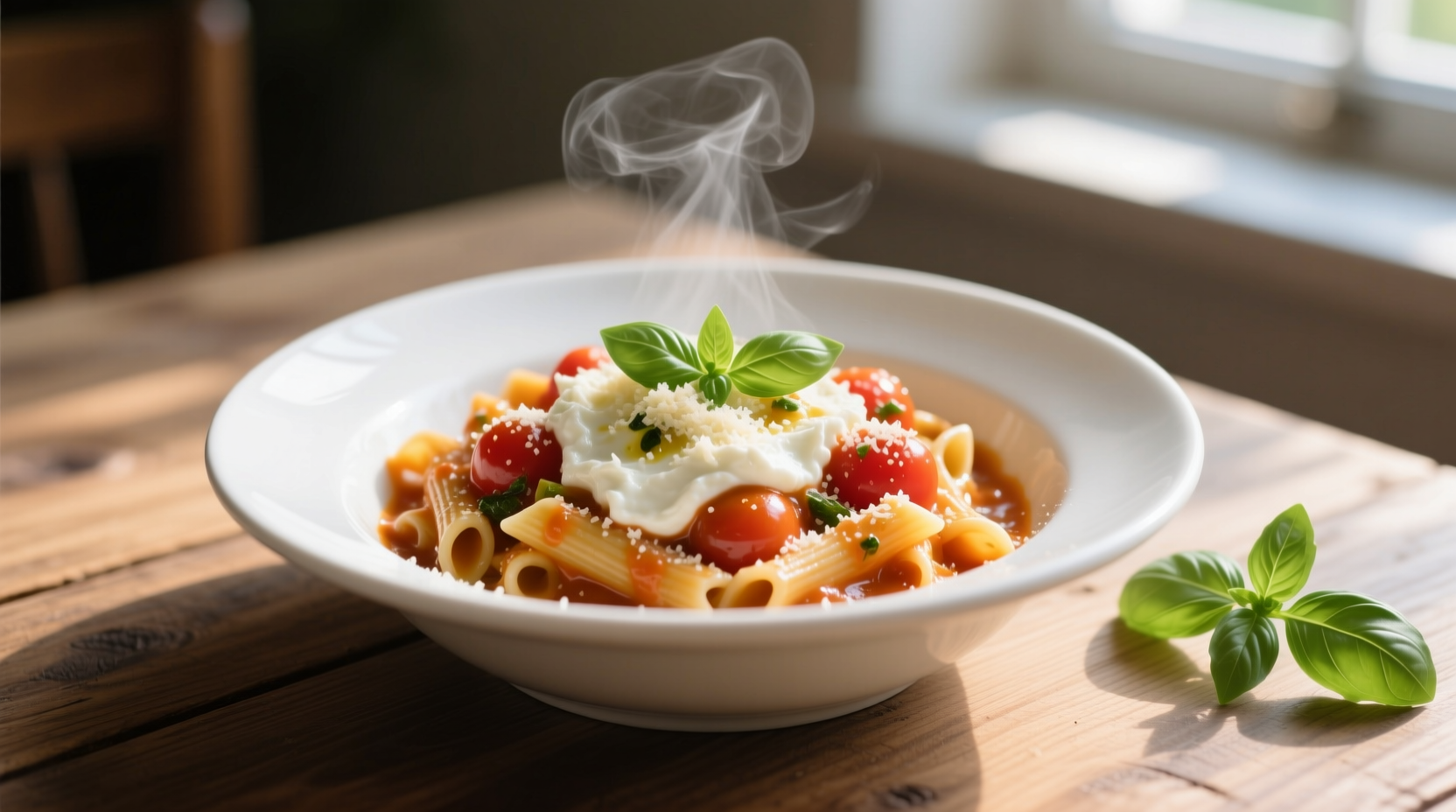 Creamy tomato ricotta pasta in white bowl