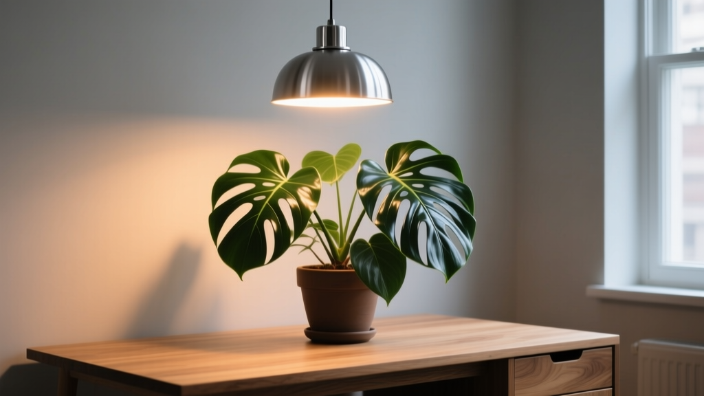 Aluminum pendant grow light hanging over a potted monstera on a wooden desk, emitting a warm, full-spectrum LED glow.